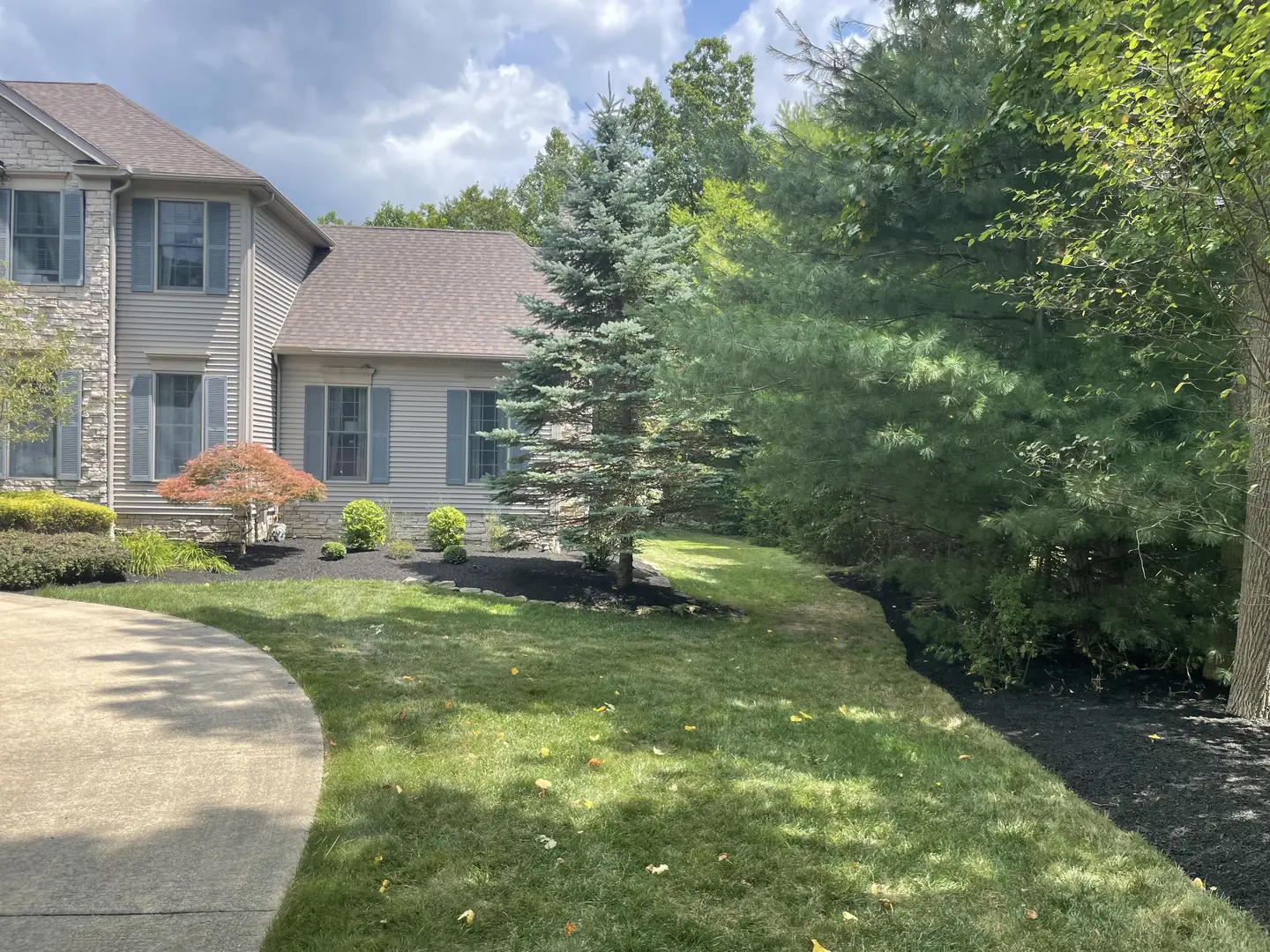 Finished residential landscape with fresh dark mulch