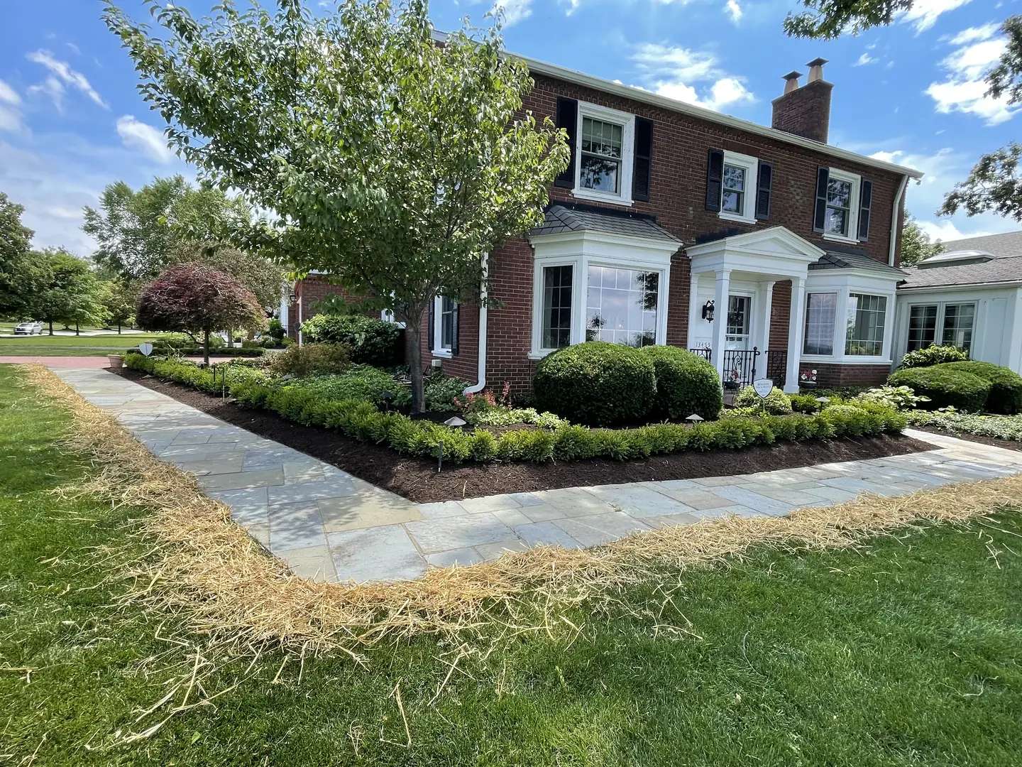 Freshly edged and mulched residential landscape bed