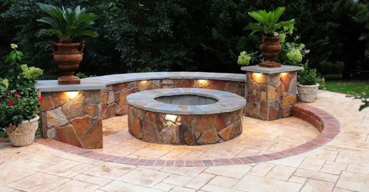 Stone fire pit with seat wall and accent lighting on stamped concrete patio