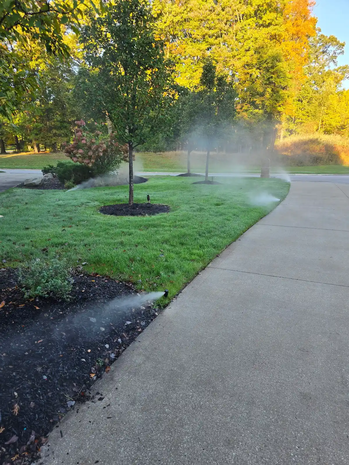 Sprinkler system watering freshly sodded lawn