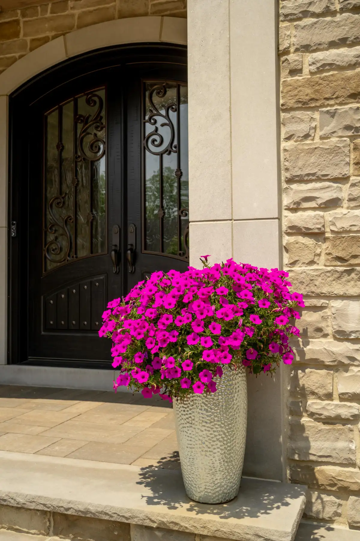 Vibrant pink petunias in hammered planter beside wrought iron doors and stone entrance